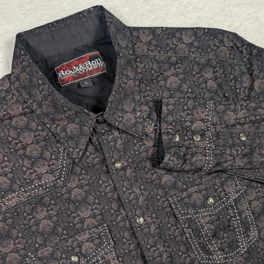 Rock & Roll Cowboy Western Shirt Mens Large Black Paisley Damask Pearl Snap